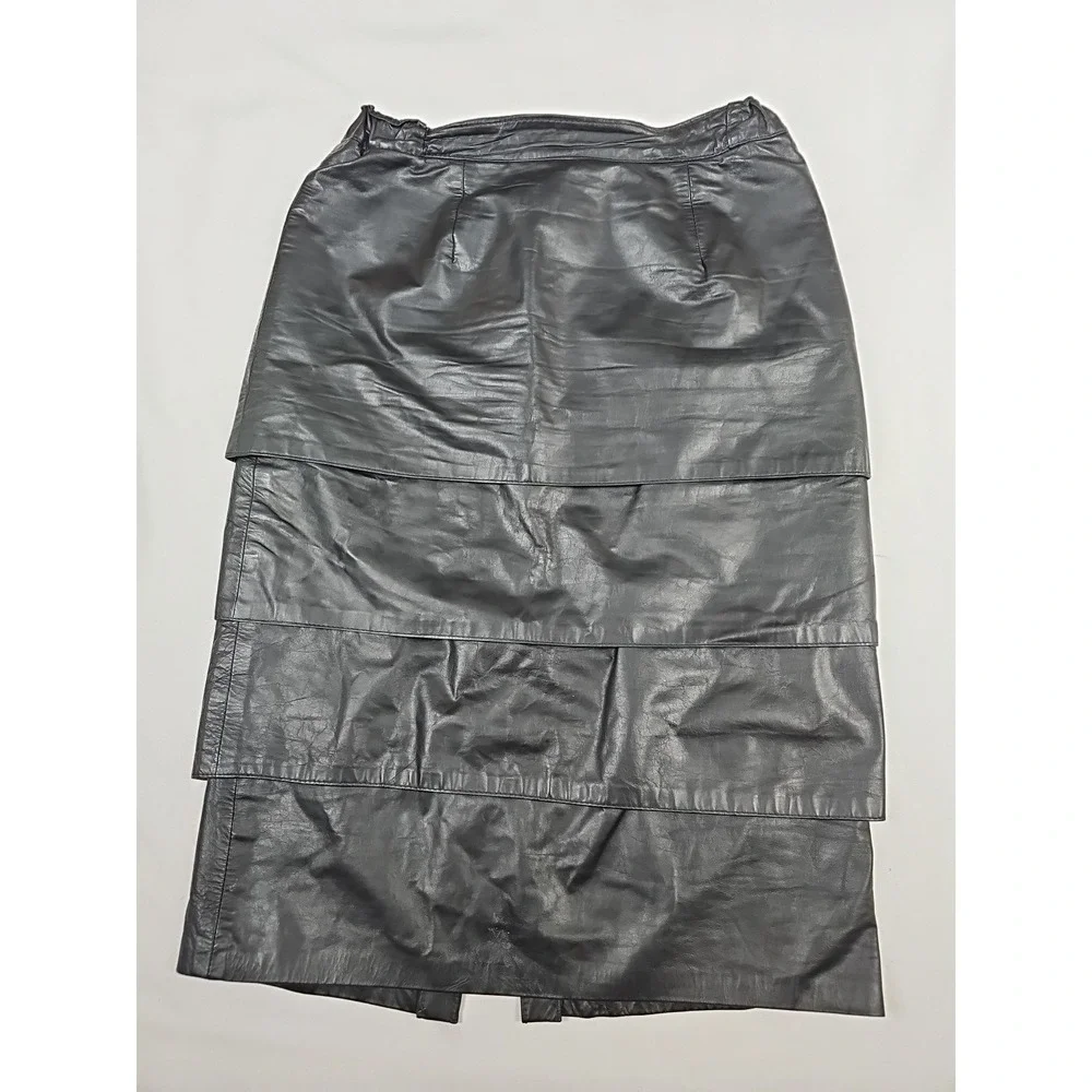 Vtg Northside Tiered Black‎ Leather Skirt Below Knee Size 11